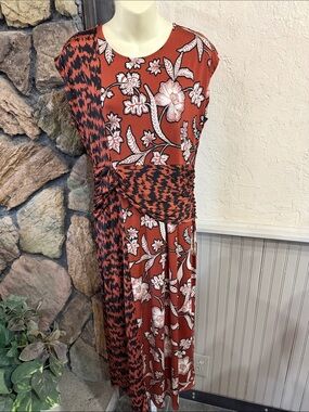 IMAN Rust Floral & Black Patterned Knot-Waist Midi Dress
